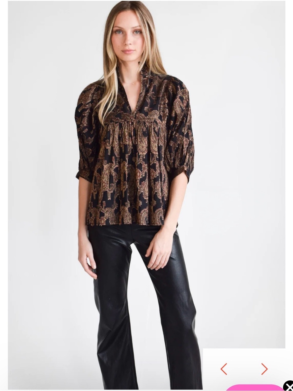 Puff-Sleeve Paisley Blouse in Black and Gold